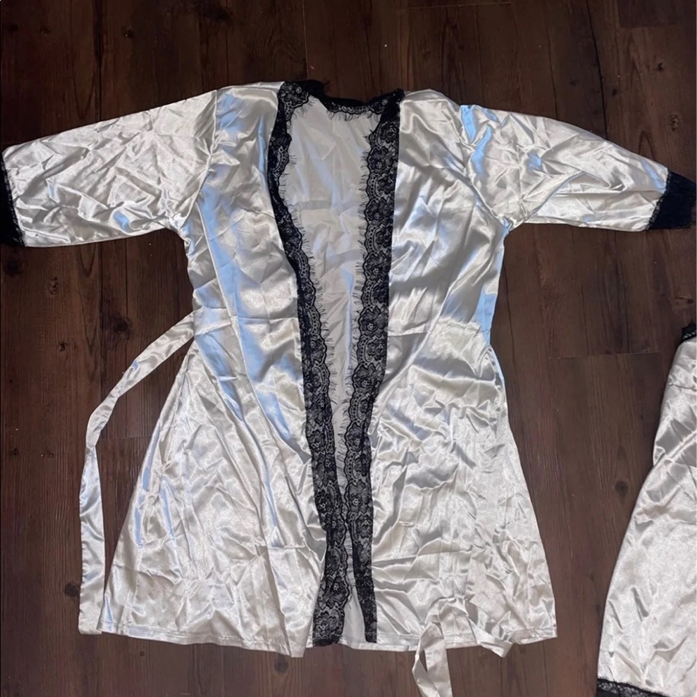 Silver and Black Lace Robe, Pajamas, and Nightie Lingerie Set